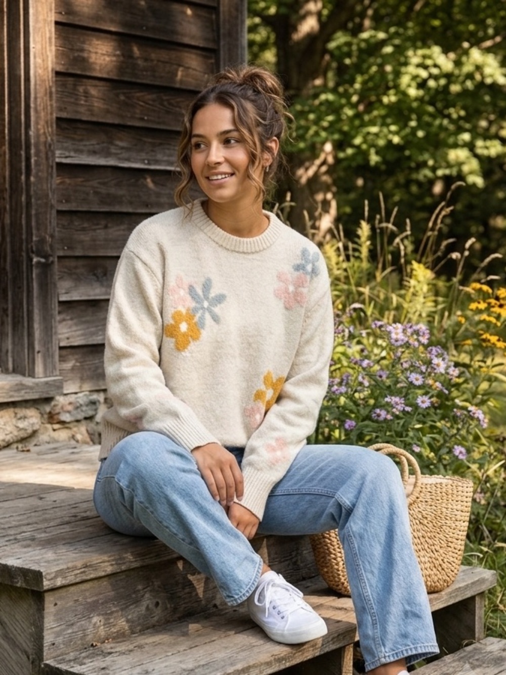 Baltic Born Cream Floral Oversized Crewneck Sweater Pastel Boho Cottagecore Chic